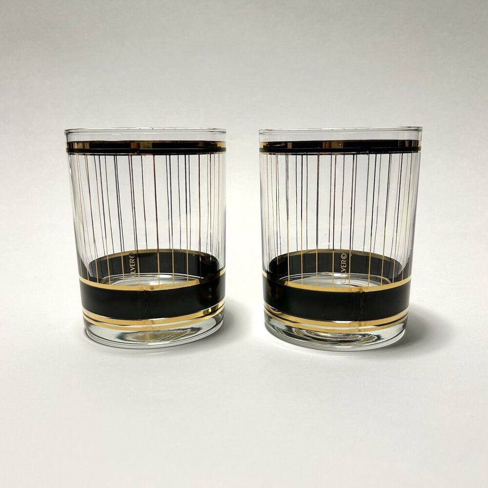 Set of 2 Vtg Culver Devon Black & 22k Gold Lowball Glasses - Signed MCM Barware